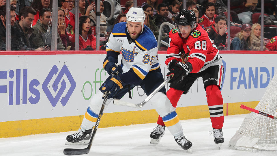 Ryan O'Reilly #90 in St.  Louis Blues and Patrick Kane #88 of the Chicago Blackhawks are two of the biggest names to watch ahead of the NHL trade deadline.  (Photo by Chase Agnello-Dean/NHLI via Getty Images)